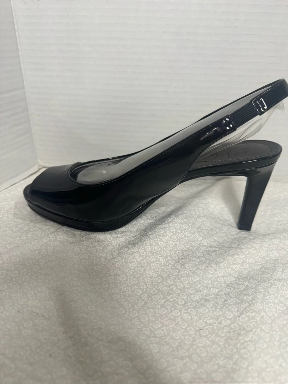 life stride shoe heel sling strap peep toe new on box size 8 black faux leather
